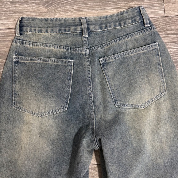 ROMWE Women's Blue Distressed Star Patch Wide Leg Skater Jeans Size M Frayed Y2K - Picture 6 of 11